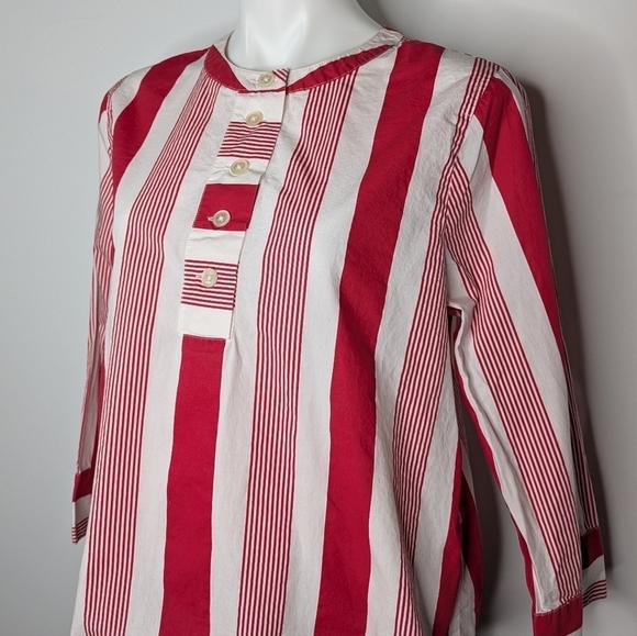 J Crew red white striped cotton 1/3 button up shirt M - Picture 2 of 8